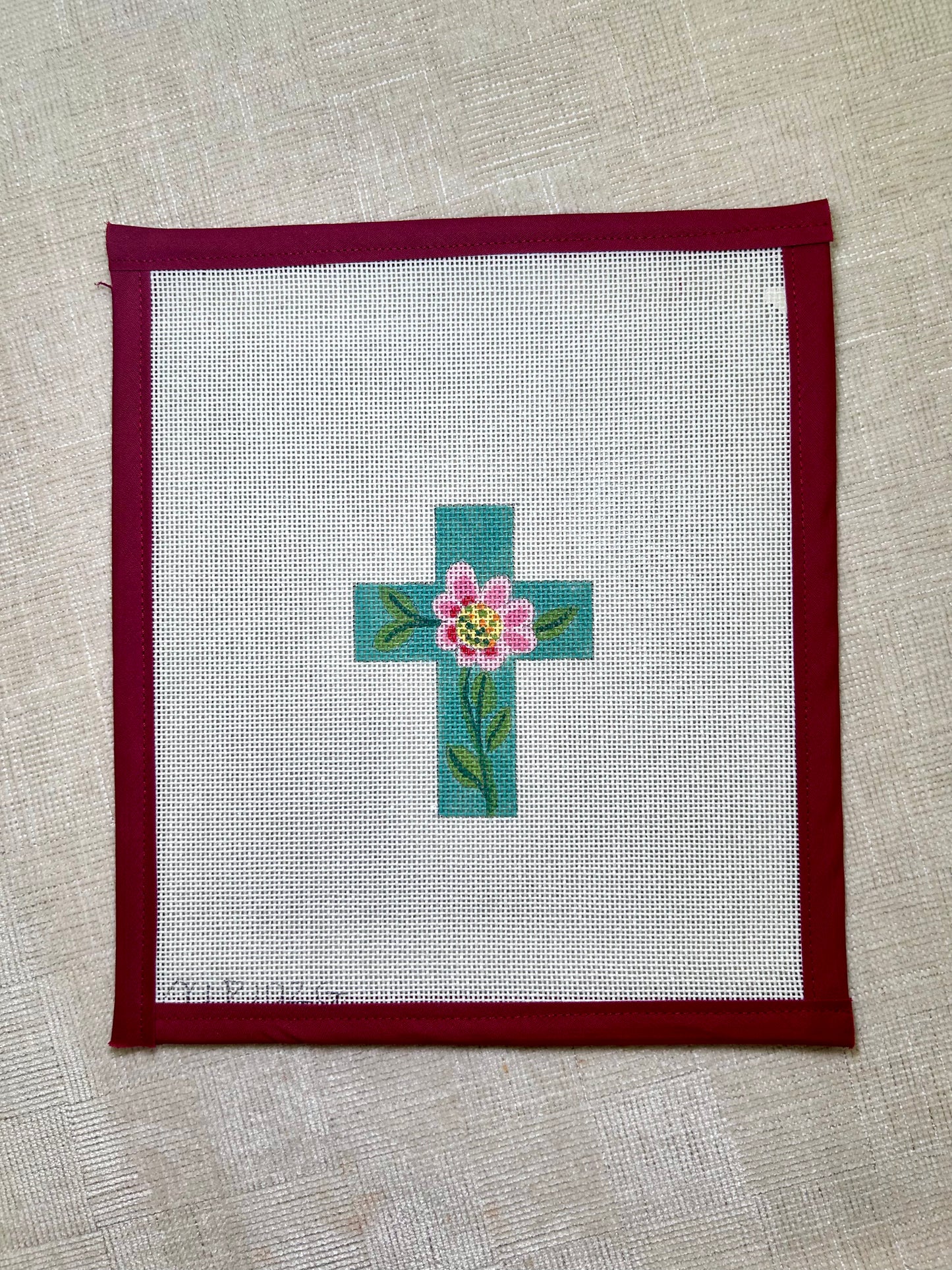 Teal cross with Pink Flower