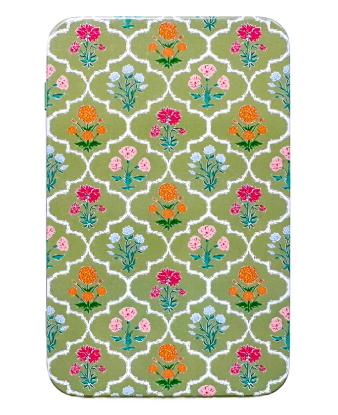 Green Block Print Florals Magnet Tin Box