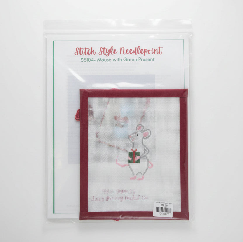 Mouse with Green Present Canvas and Stitch Guide