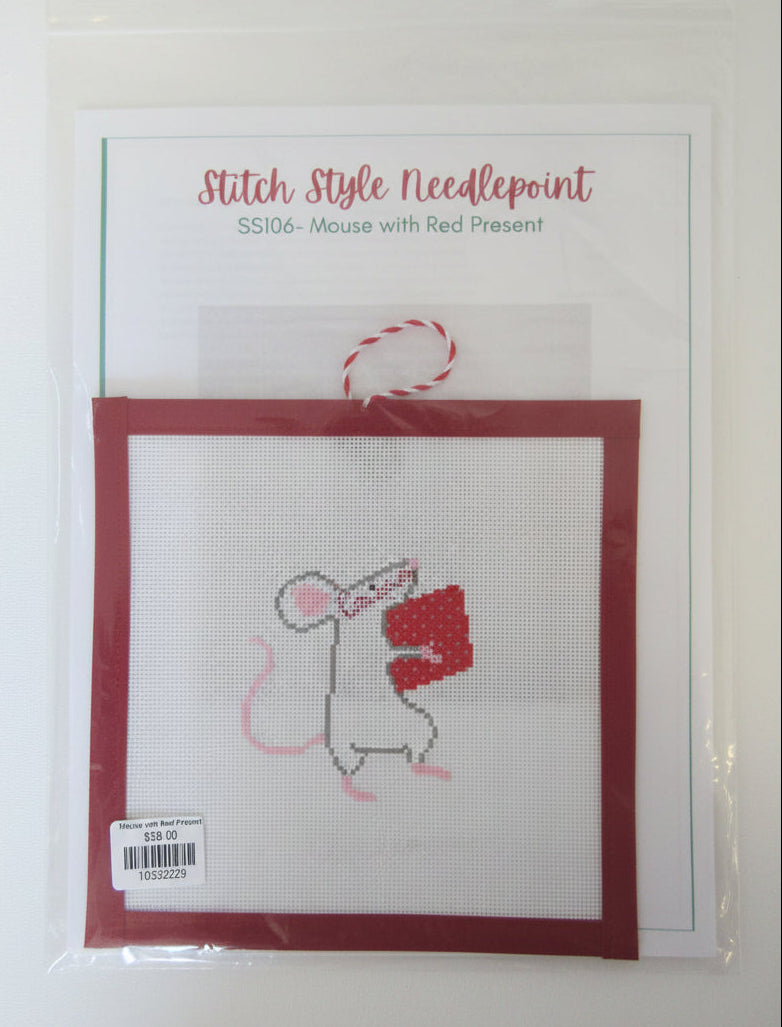 Mouse with Red Present Canvas and Stitch Guide