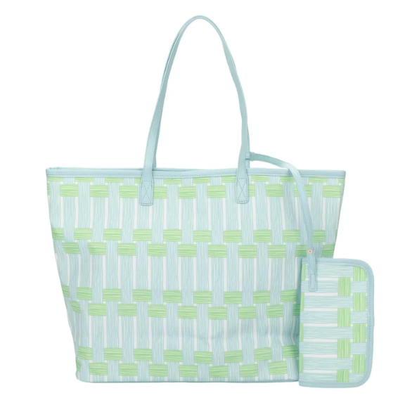 Blue Lattice Oversize Tote with Wallet