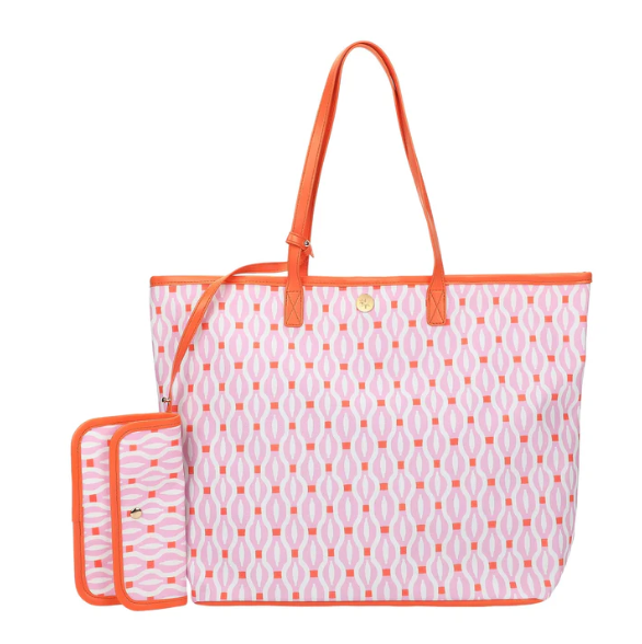 Pink Geometric Oversized Tote with Wallet