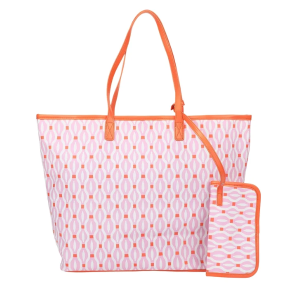 Pink Geometric Oversized Tote with Wallet