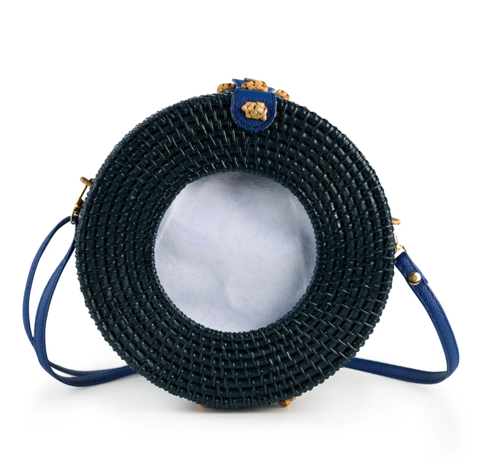 Navy Round Wicker Bag with Bamboo Handle