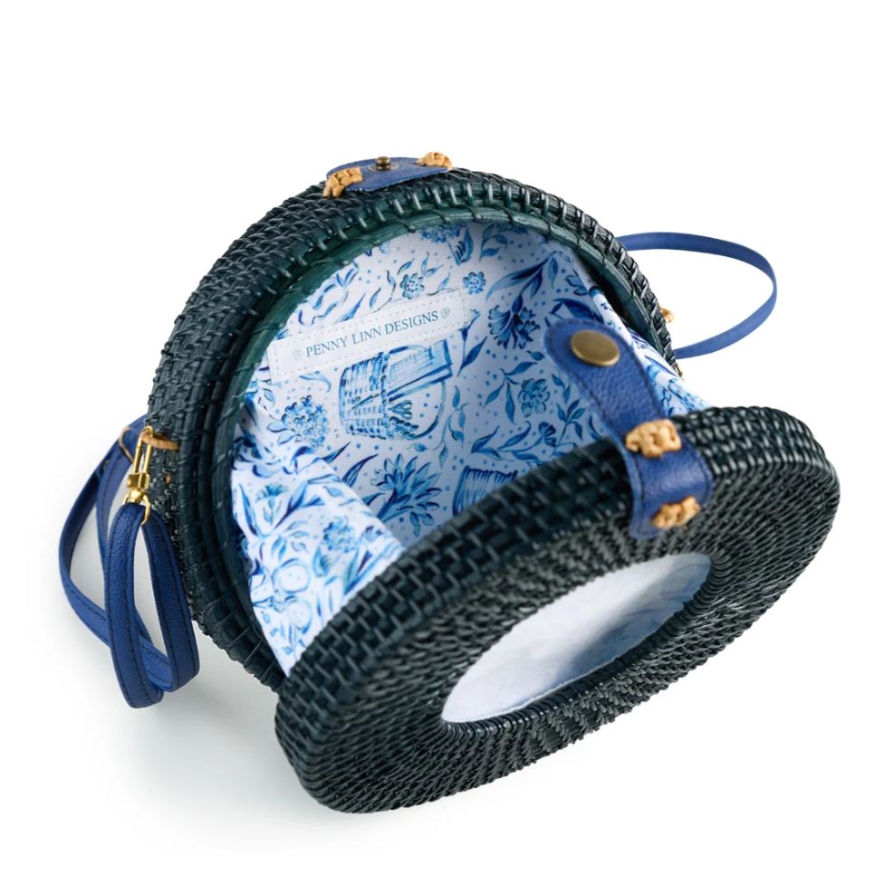 Navy Round Wicker Bag with Bamboo Handle