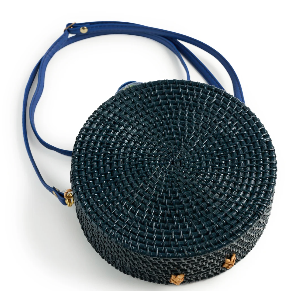 Navy Round Wicker Bag with Bamboo Handle